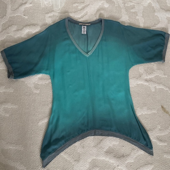 V-Neckline silk, cotton/modal trims Aqua ombré/grey! Lightweight, short sleeves - Picture 10 of 12